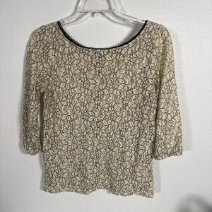 LOFT Cream Black Floral Lace Blouse -‎ Size S 3/4 Sleeves button Down Back D2